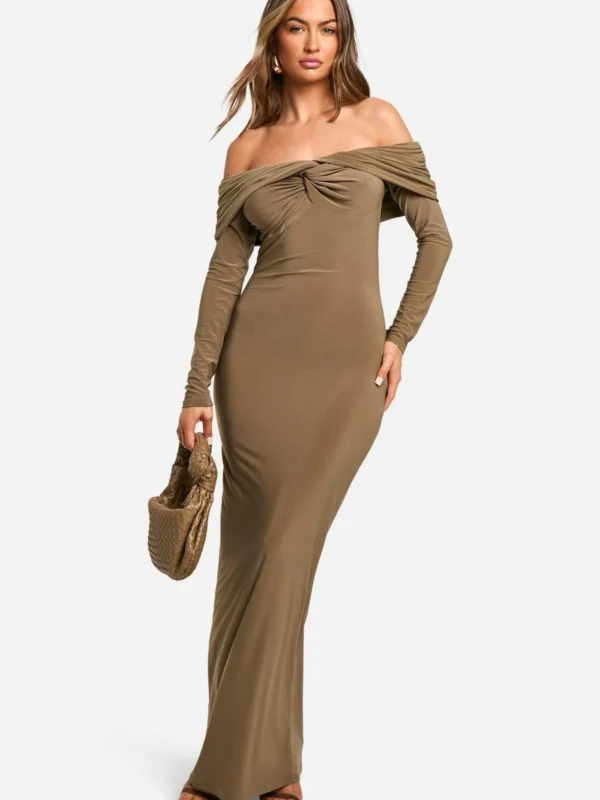 Outlet -BamBam Fashion Shop female mushroom ruched twist detail bardot maxi dress
