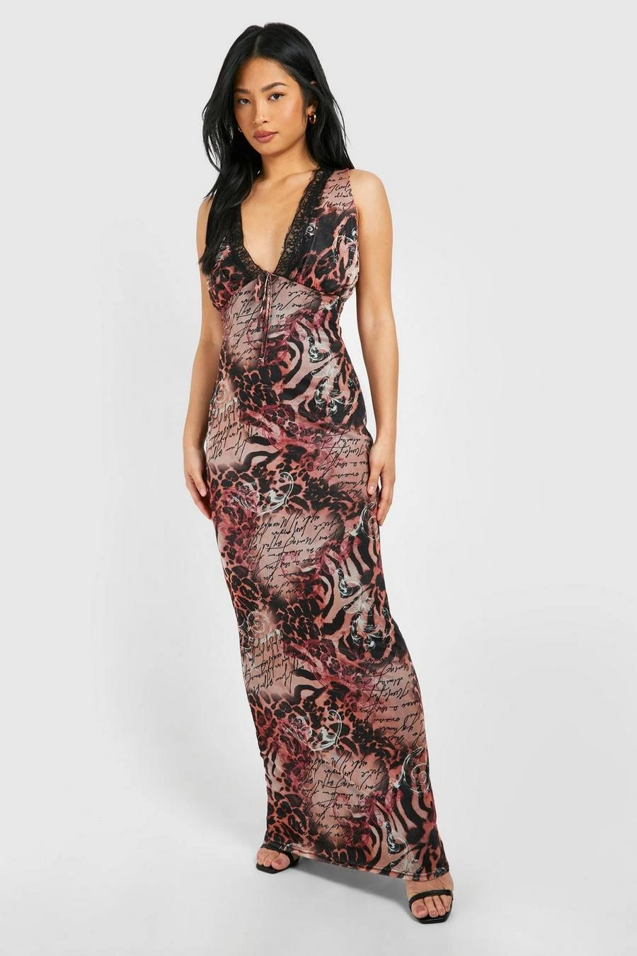 BOOHOO Petite Animal Lace Tie Front Plunge Mesh Maxi Dress 1 BOOHOO Petite Animal Lace Tie Front Plunge Mesh Maxi Dress