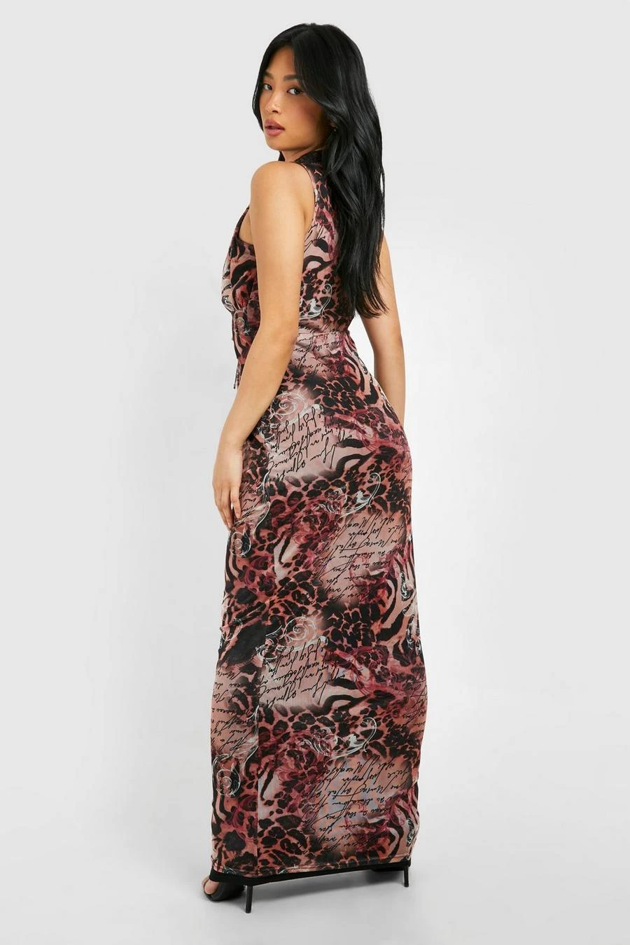 BOOHOO Petite Animal Lace Tie Front Plunge Mesh Maxi Dress 2 BOOHOO Petite Animal Lace Tie Front Plunge Mesh Maxi Dress - Image 2