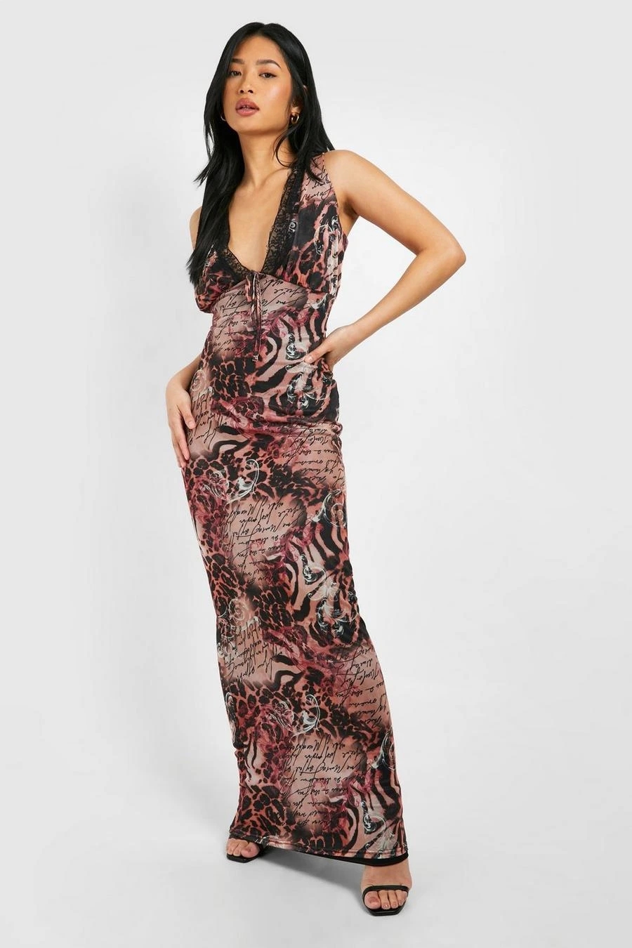 BOOHOO Petite Animal Lace Tie Front Plunge Mesh Maxi Dress 3 BOOHOO Petite Animal Lace Tie Front Plunge Mesh Maxi Dress - Image 3