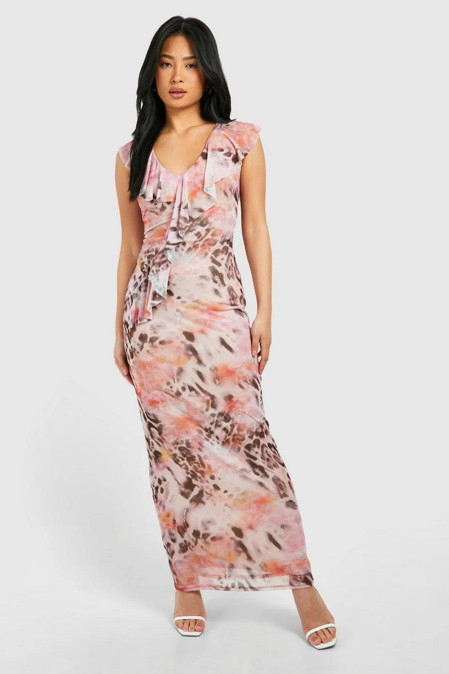 BOOHOO Petite Leopard Floral Mesh Ruffle Maxi Dress 3 BOOHOO Petite Leopard Floral Mesh Ruffle Maxi Dress - Image 3