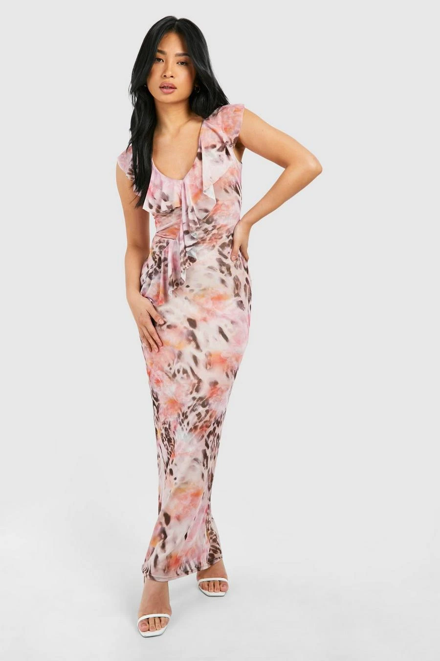 BOOHOO Petite Leopard Floral Mesh Ruffle Maxi Dress 1 BOOHOO Petite Leopard Floral Mesh Ruffle Maxi Dress