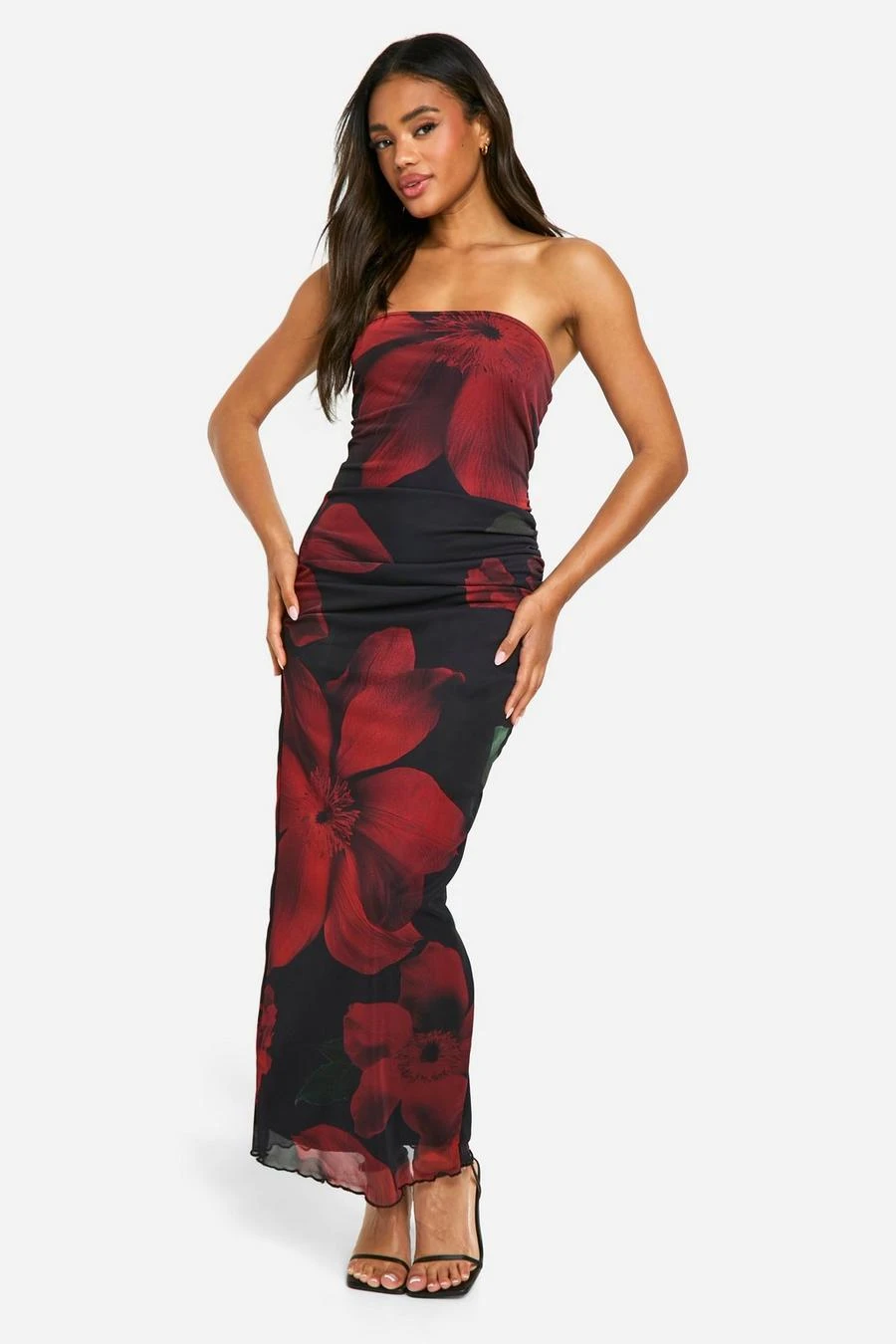 BOOHOO Mesh Flower Print Bandeau Maxi Dress 1 BOOHOO Mesh Flower Print Bandeau Maxi Dress