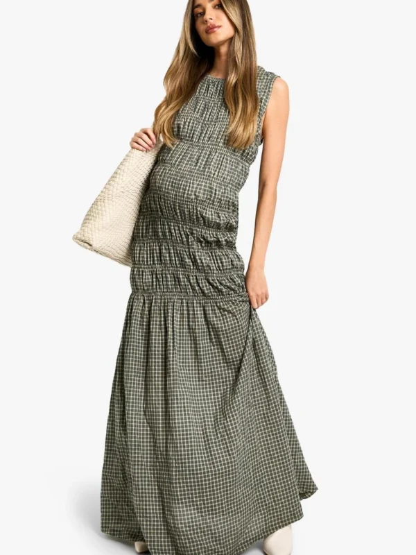 Outlet 1 Outlet -BamBam Fashion Shop female navy maternity check shirred maxi dress