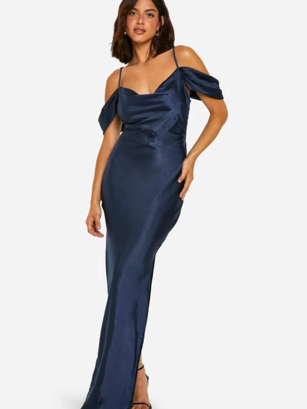 Outlet -BamBam Fashion Shop female navy satin cold shoulder maxi dress 2