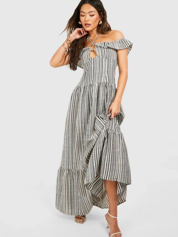 Outlet -BamBam Fashion Shop female navy stripe halterneck tiered maxi dress 2