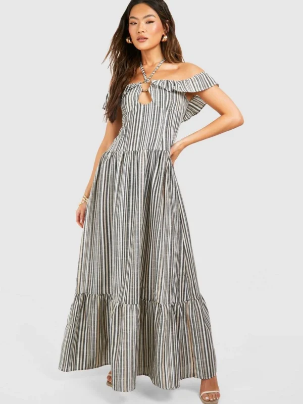 Outlet -BamBam Fashion Shop female navy stripe halterneck tiered maxi dress