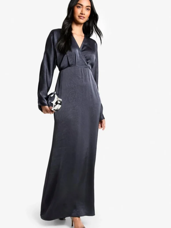 Outlet -BamBam Fashion Shop female navy textured satin batwing maxi dress 2
