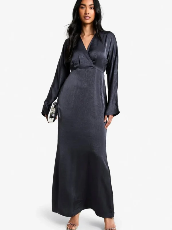 Outlet -BamBam Fashion Shop female navy textured satin batwing maxi dress