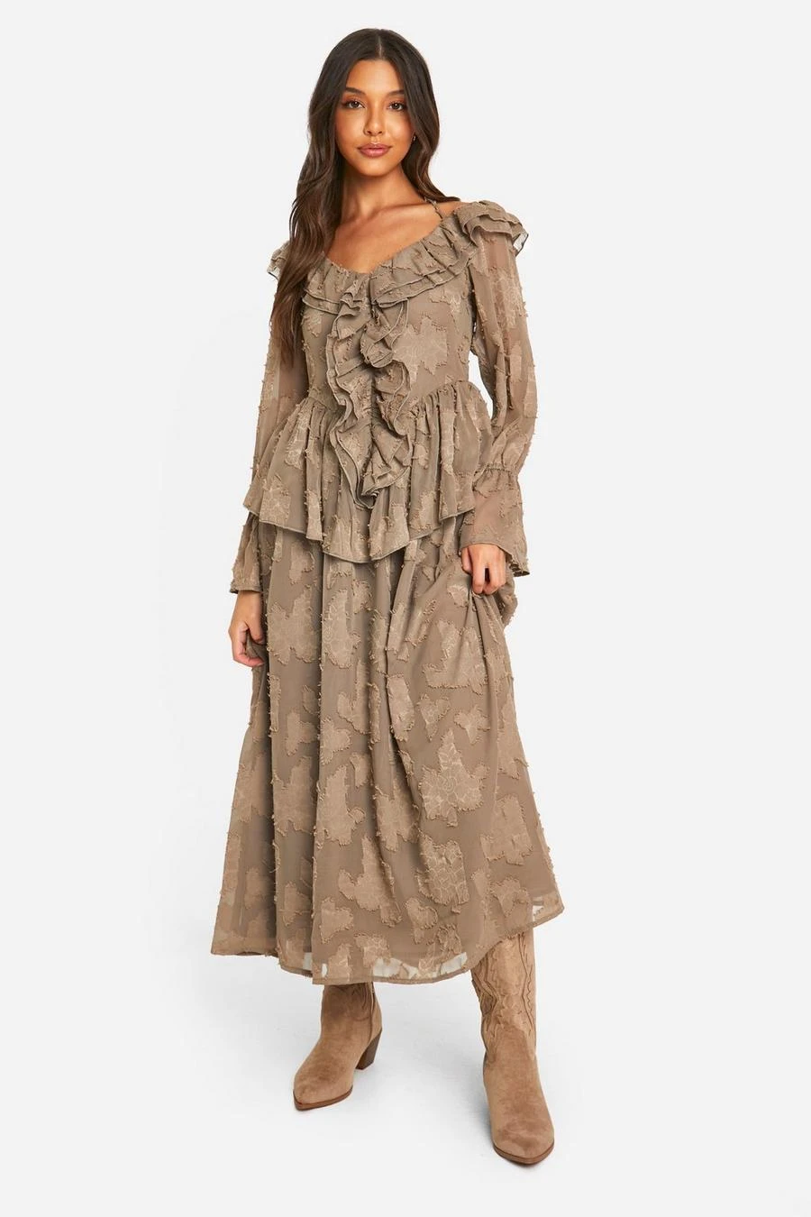 BOOHOO Textured Ruffle Front Midaxi Dress 1 BOOHOO Textured Ruffle Front Midaxi Dress