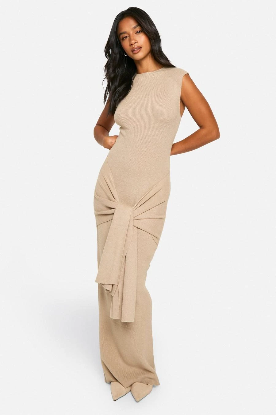 BOOHOO Petite Premium Rib Knit Tie Waist Detail Maxi Dress 1 BOOHOO Petite Premium Rib Knit Tie Waist Detail Maxi Dress