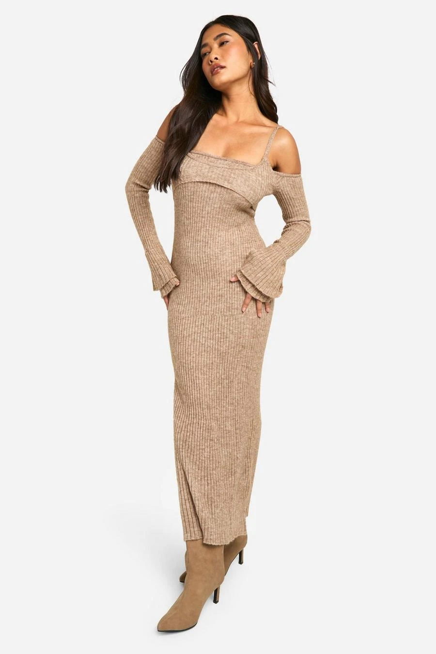 BOOHOO Rib Knit Bardot Halterneck Maxi Dress 3 BOOHOO Rib Knit Bardot Halterneck Maxi Dress - Image 3