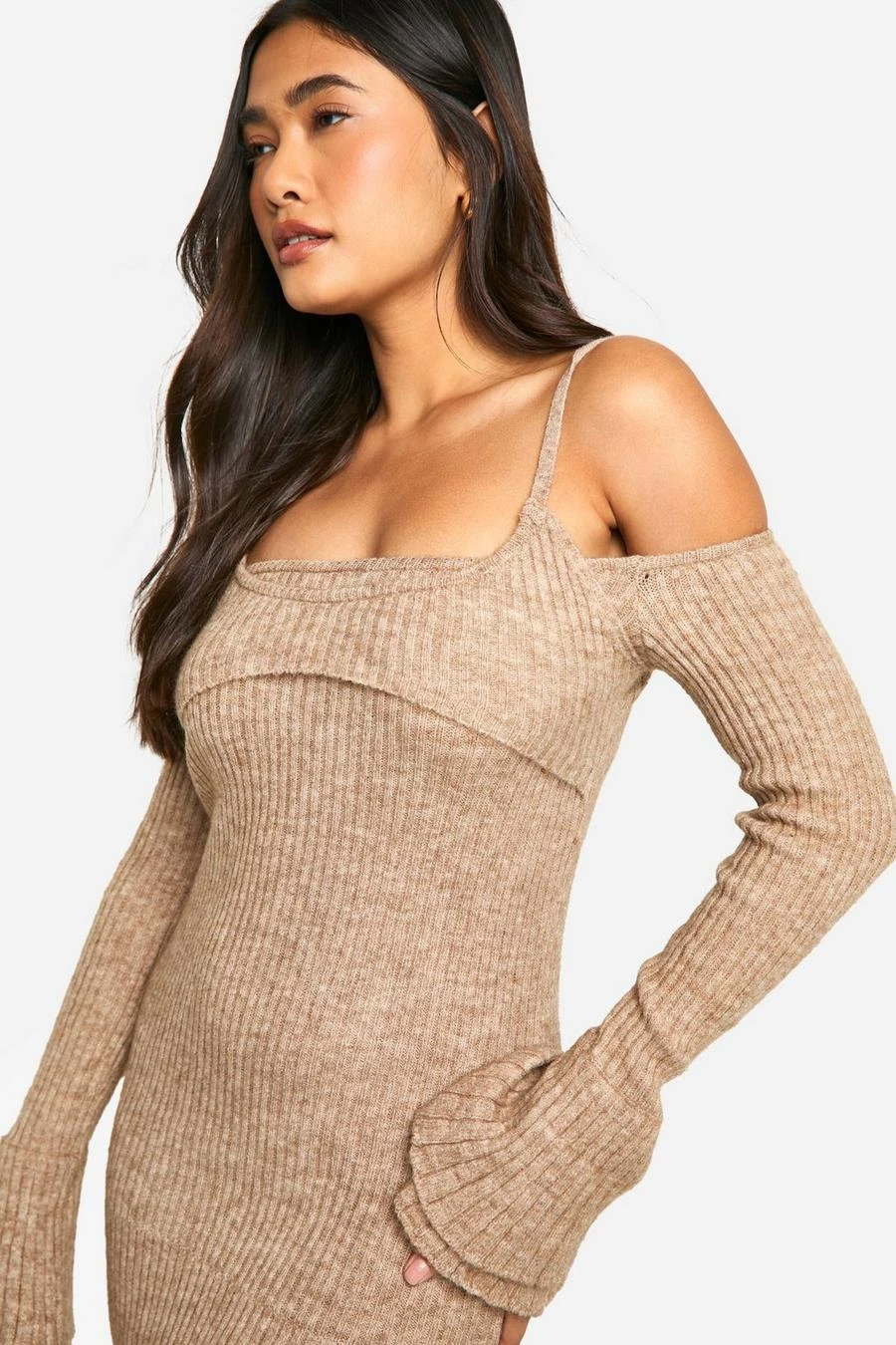 BOOHOO Rib Knit Bardot Halterneck Maxi Dress 4 BOOHOO Rib Knit Bardot Halterneck Maxi Dress - Image 4