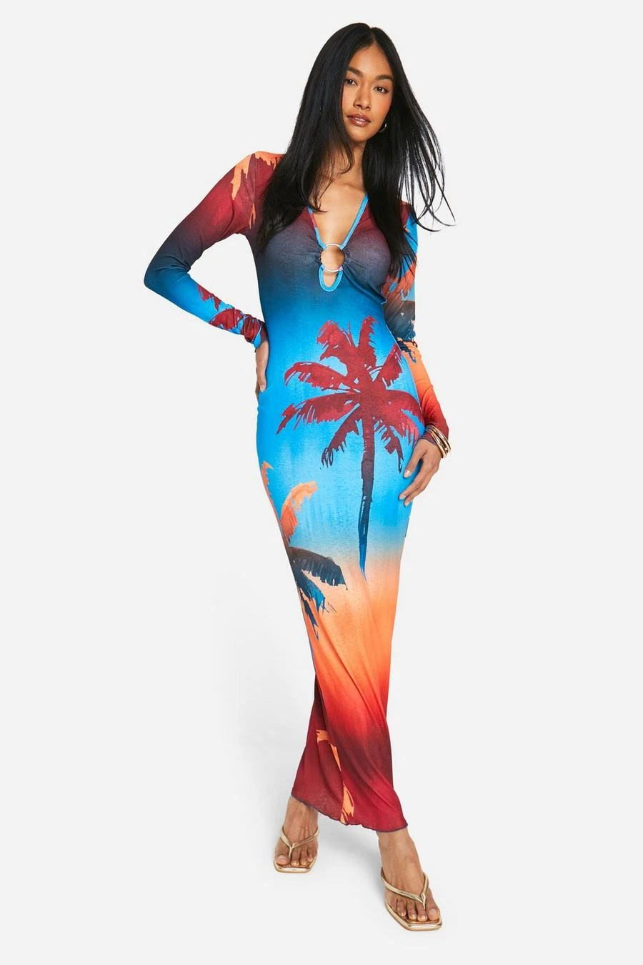 BOOHOO Palm Print Sheer O Ring Maxi Dress 3 BOOHOO Palm Print Sheer O Ring Maxi Dress - Image 3