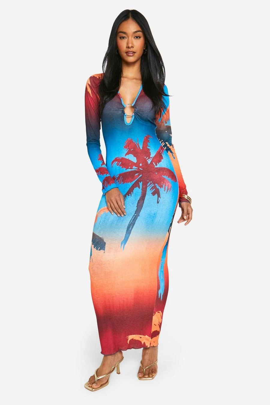 BOOHOO Palm Print Sheer O Ring Maxi Dress 1 BOOHOO Palm Print Sheer O Ring Maxi Dress