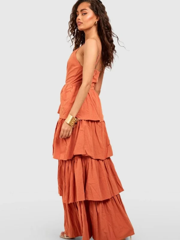 Outlet 11 Outlet -BamBam Fashion Shop female orange v neck tiered linen look maxi dress 1