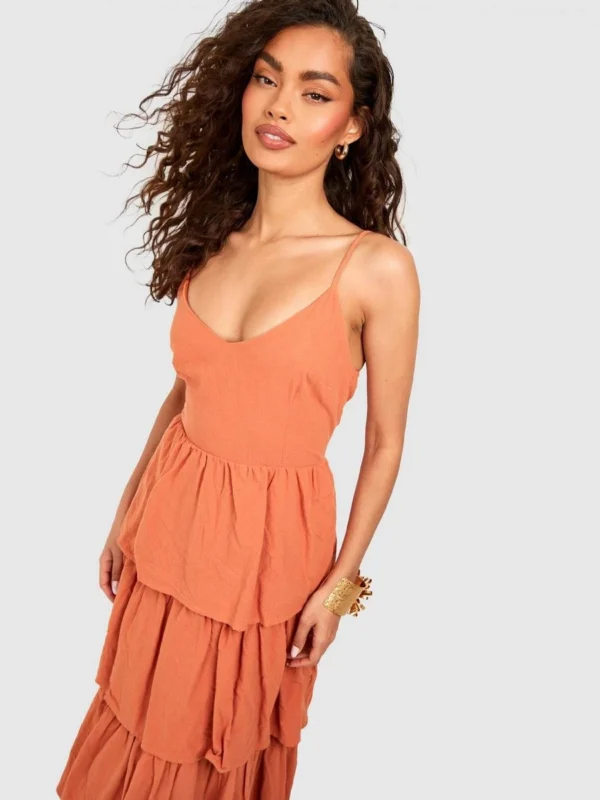 Outlet 12 Outlet -BamBam Fashion Shop female orange v neck tiered linen look maxi dress 2