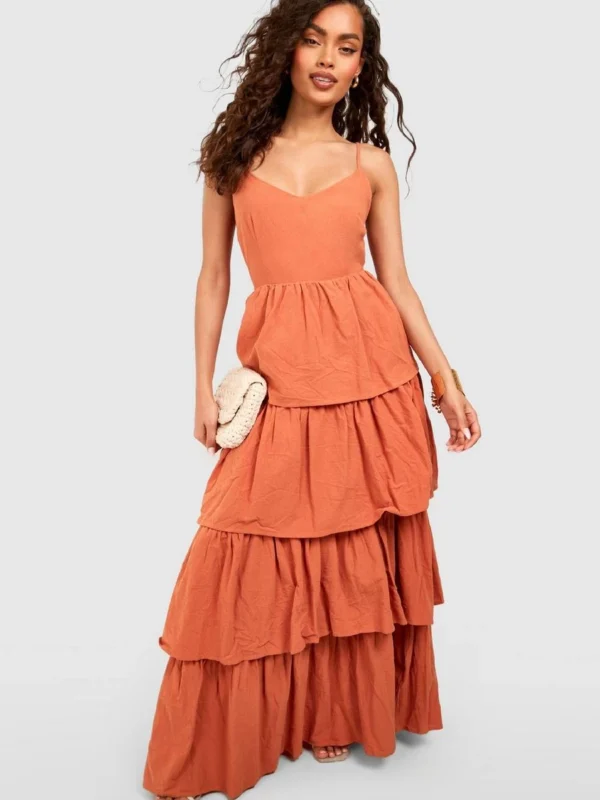 Outlet 10 Outlet -BamBam Fashion Shop female orange v neck tiered linen look maxi dress