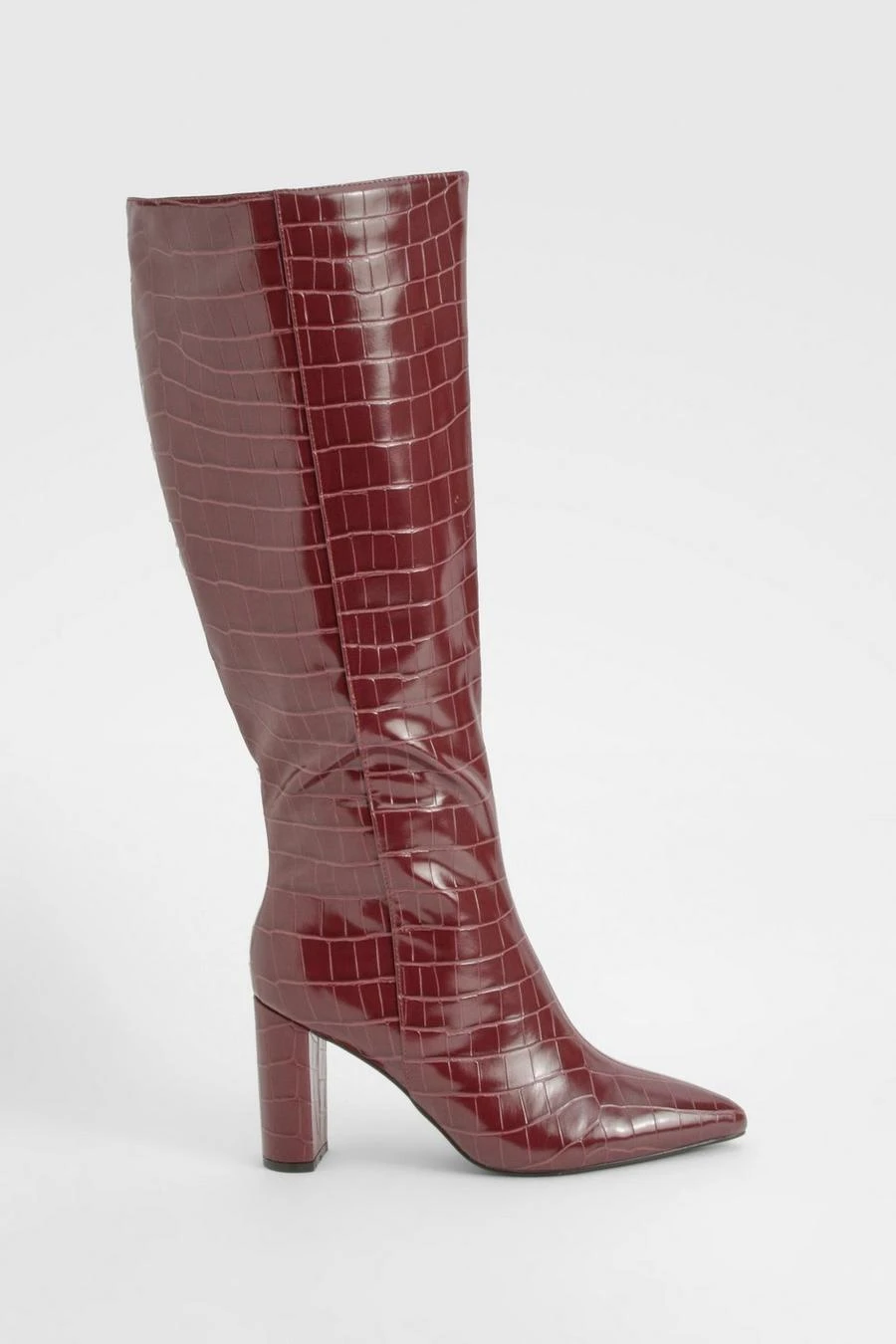 BOOHOO Wide Fit Croc Pointed Knee High Heeled Boots 3 BOOHOO Wide Fit Croc Pointed Knee High Heeled Boots - Image 3