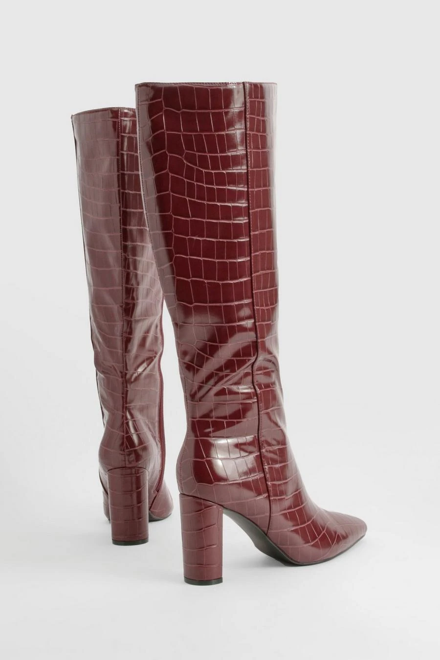BOOHOO Wide Fit Croc Pointed Knee High Heeled Boots 4 BOOHOO Wide Fit Croc Pointed Knee High Heeled Boots - Image 4