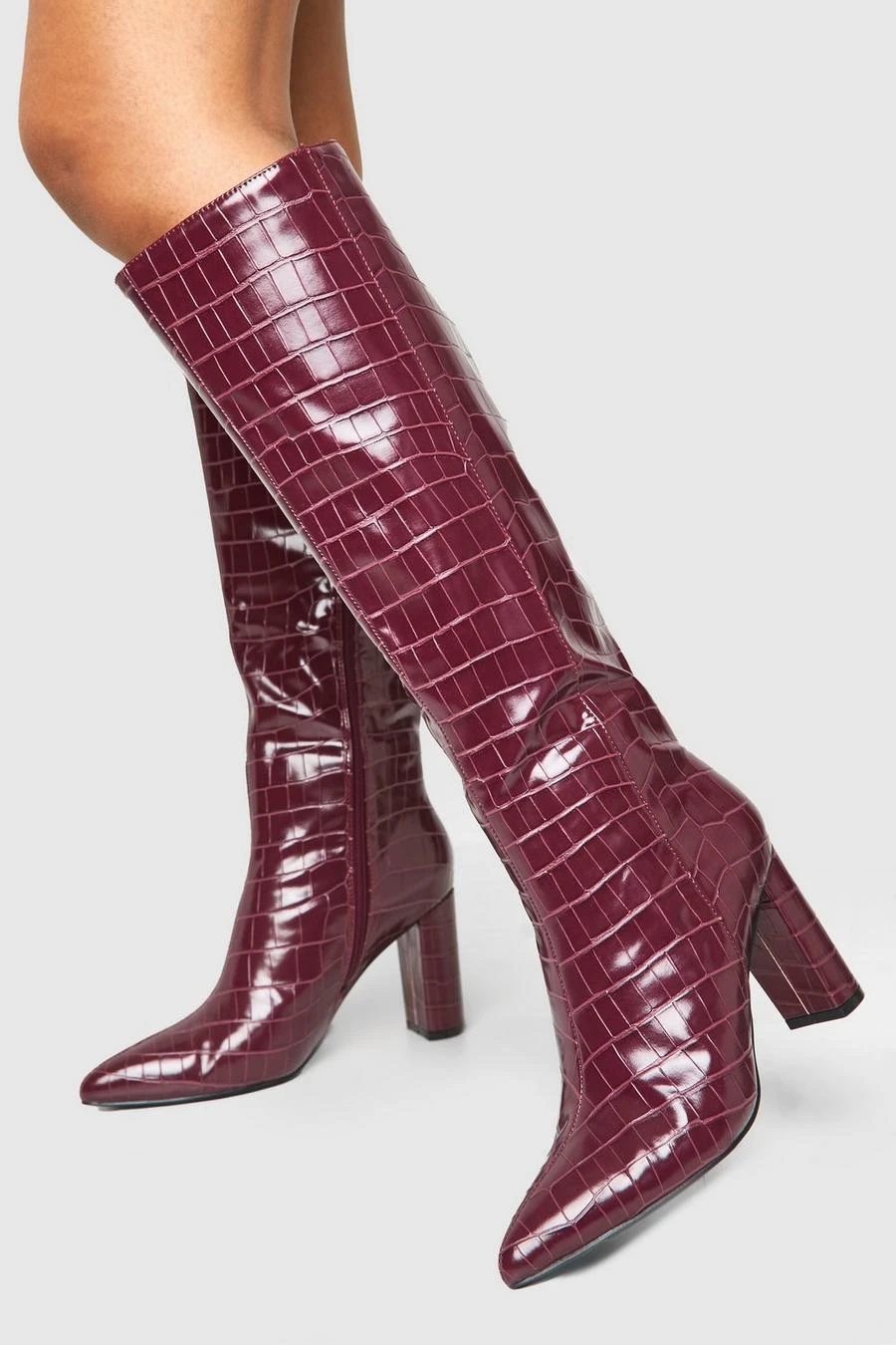 BOOHOO Wide Fit Croc Pointed Knee High Heeled Boots 1 BOOHOO Wide Fit Croc Pointed Knee High Heeled Boots