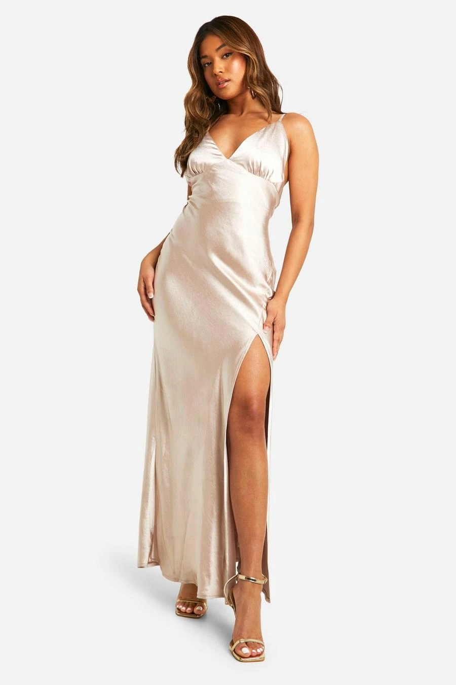 BOOHOO Petite Bridesmaid Satin Strappy Maxi Dress 1 BOOHOO Petite Bridesmaid Satin Strappy Maxi Dress