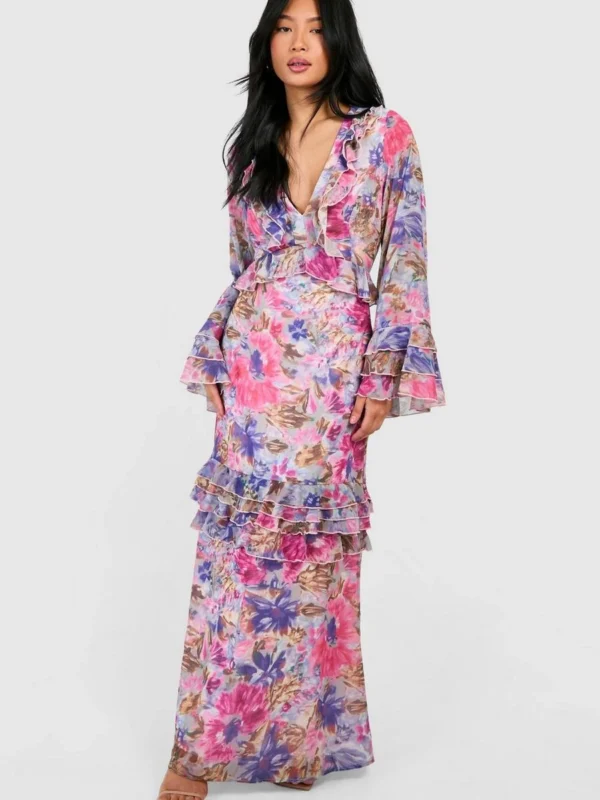 Outlet -BamBam Fashion Shop female pale2520pink petite floral ruffle flare sleeve woven maxi dress