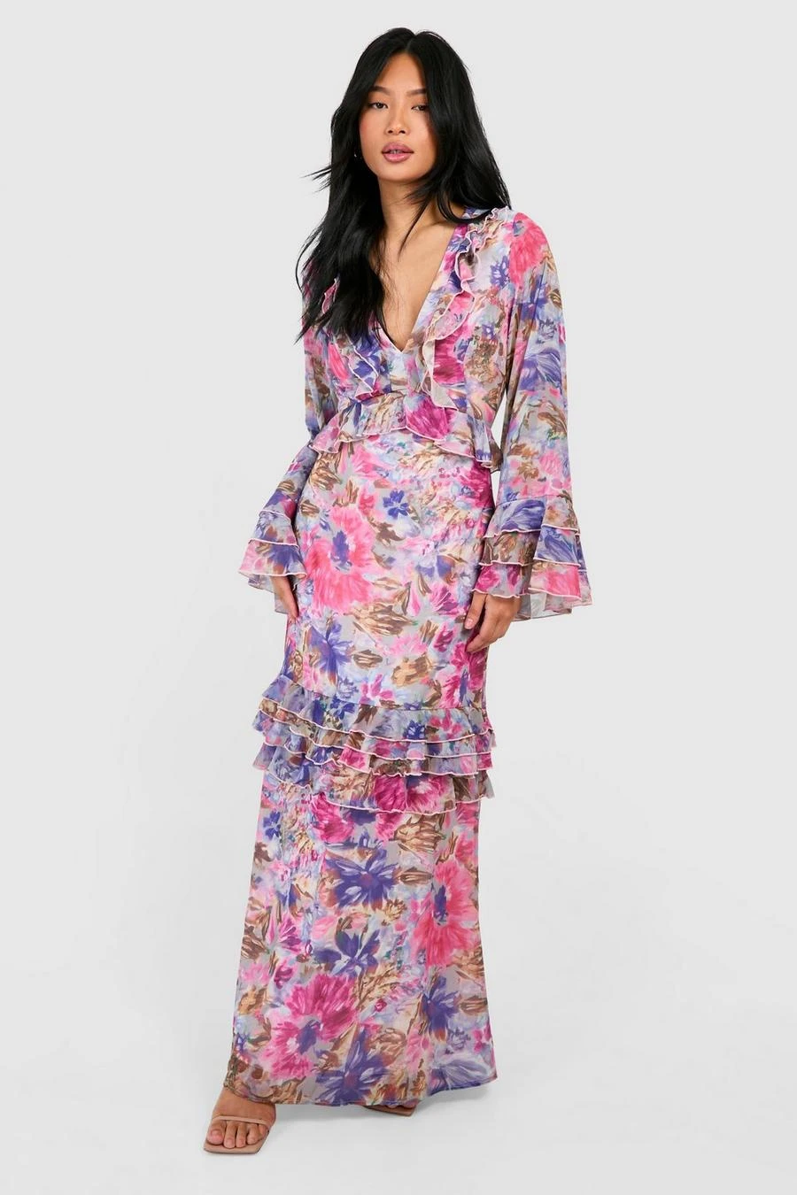 BOOHOO Petite Floral Ruffle Flare Sleeve Woven Maxi Dress 1 BOOHOO Petite Floral Ruffle Flare Sleeve Woven Maxi Dress