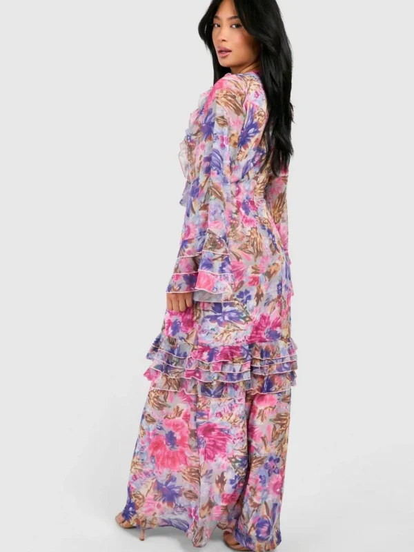 Outlet -BamBam Fashion Shop female pale2520pink petite floral ruffle flare sleeve woven maxi dress 1 1