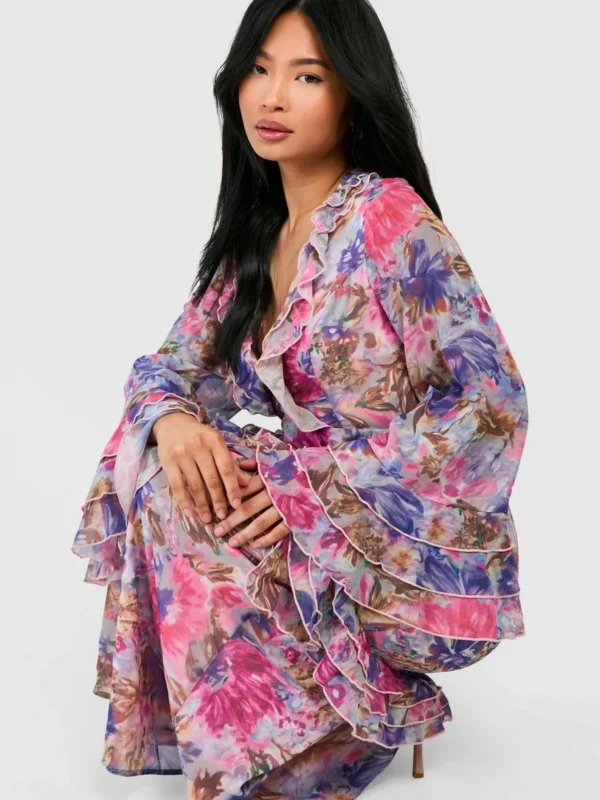 Outlet -BamBam Fashion Shop female pale2520pink petite floral ruffle flare sleeve woven maxi dress 1 2