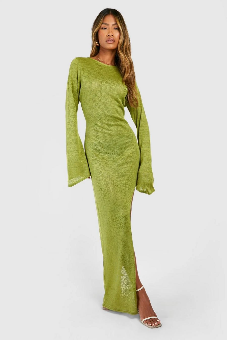 BOOHOO Flare Sleeve Split Leg Snit Maxi Dress 1 BOOHOO Flare Sleeve Split Leg Snit Maxi Dress
