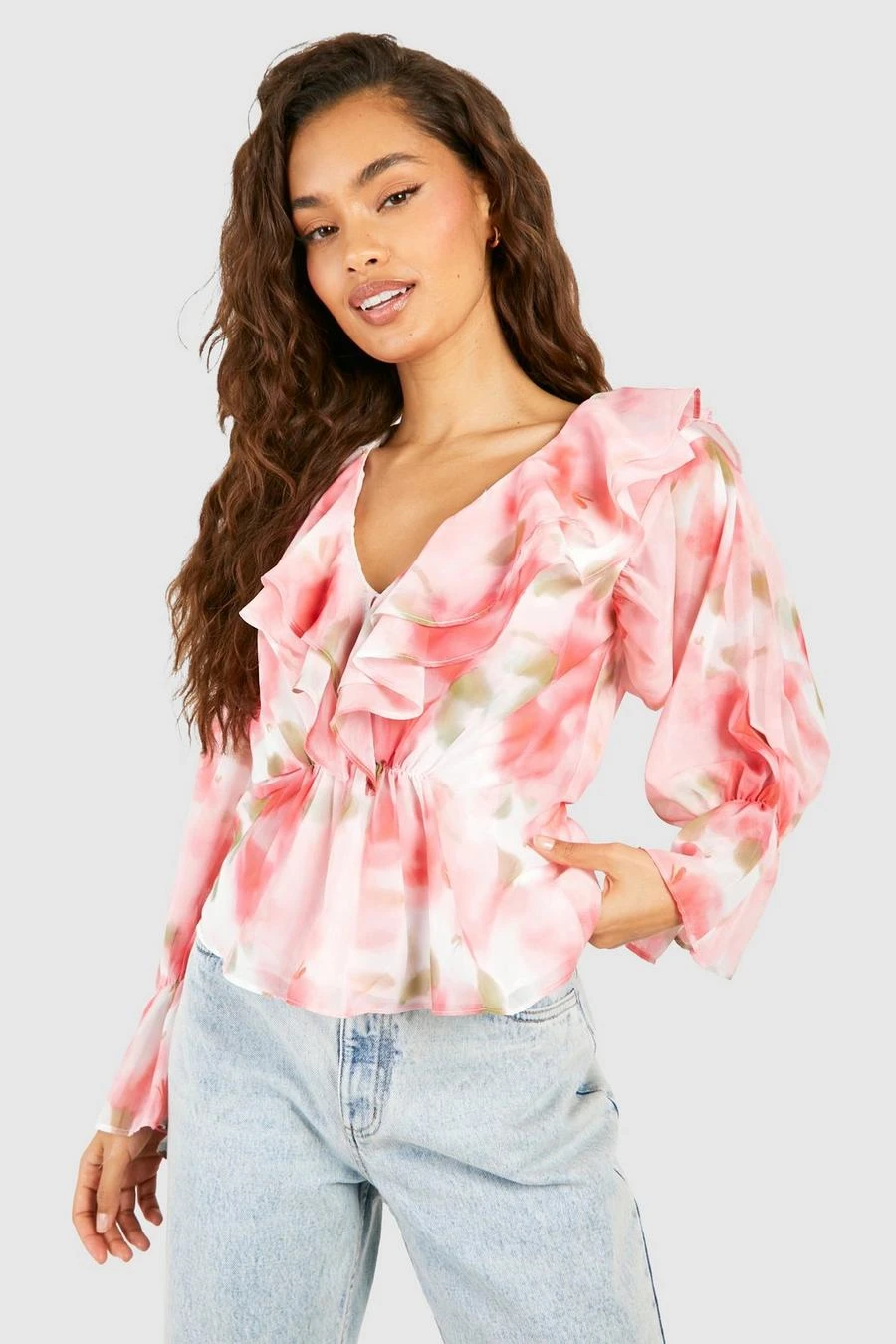 BOOHOO Blurred Floral Chiffon Ruffle Blouse 1 BOOHOO Blurred Floral Chiffon Ruffle Blouse
