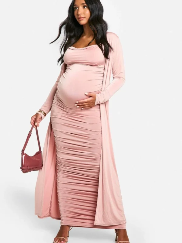 Outlet -BamBam Fashion Shop female pink emily shak maternity strappy cowl neck dress and duster coat 2
