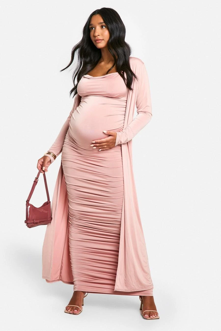 BOOHOO Emily Shak Maternity Strappy Cowl Neck Dress And Duster Coat 3 BOOHOO Emily Shak Maternity Strappy Cowl Neck Dress And Duster Coat - Image 3