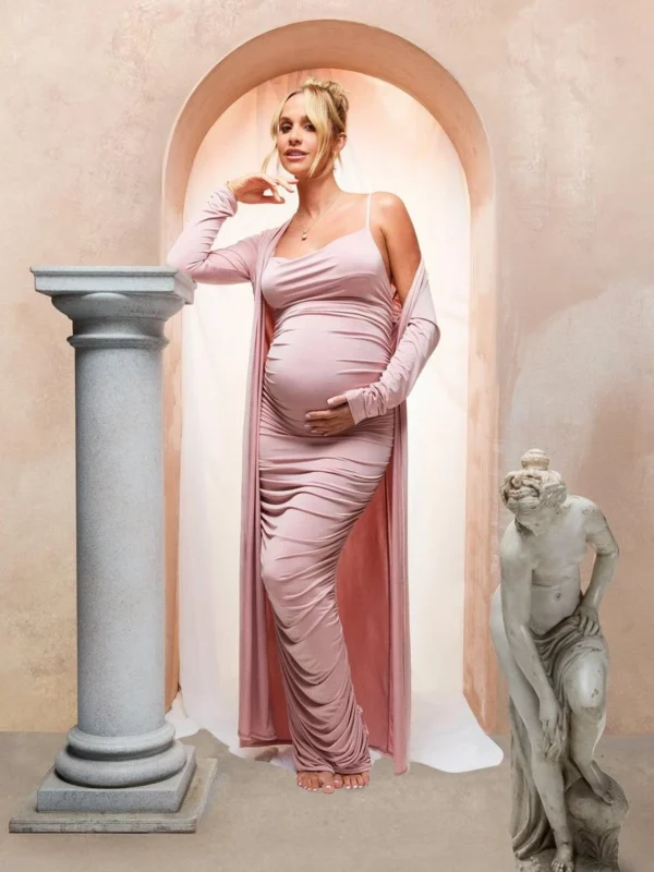 Outlet -BamBam Fashion Shop female pink emily shak maternity strappy cowl neck dress and duster coat