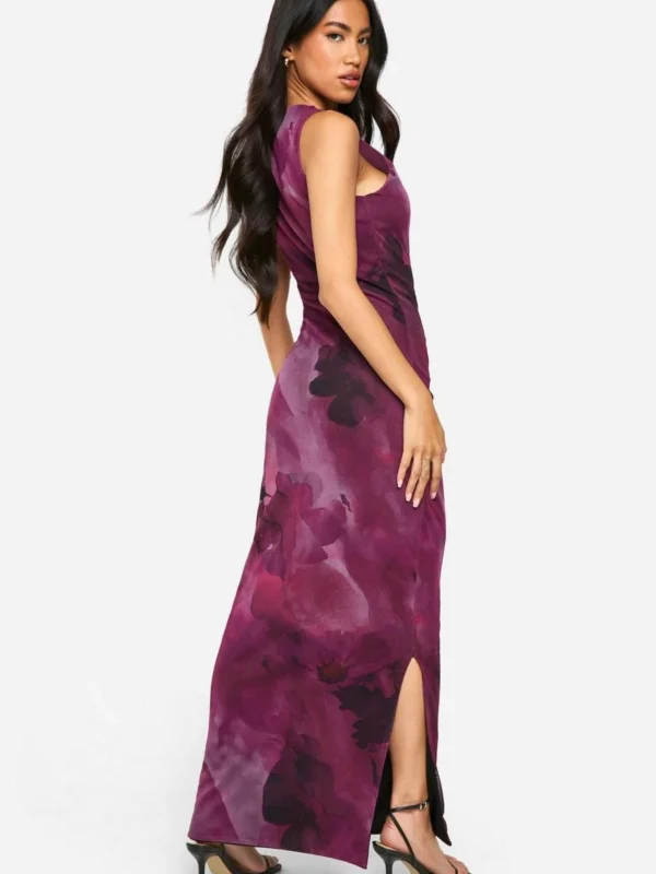 Outlet -BamBam Fashion Shop female pink floral print mesh racer neck maxi dress 1