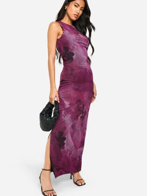 Outlet -BamBam Fashion Shop female pink floral print mesh racer neck maxi dress