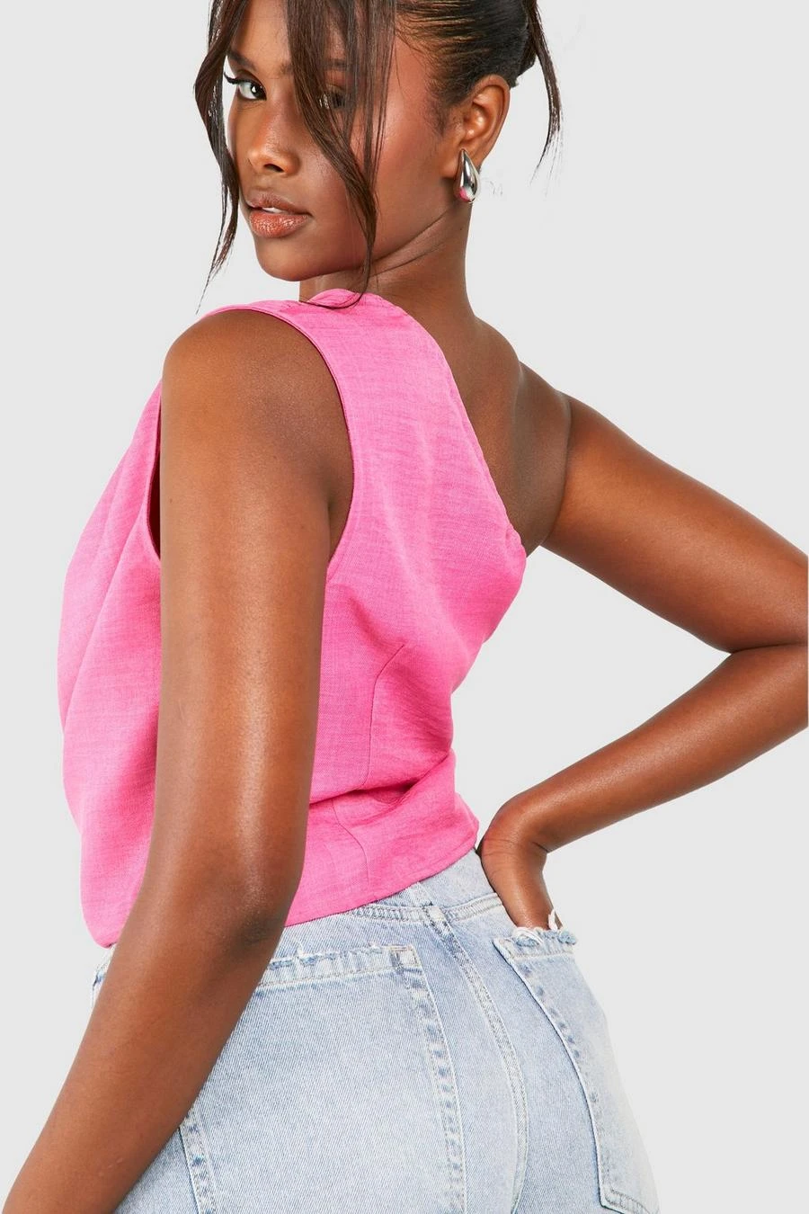 BOOHOO Linen Look Asymmetric Ruched Blouse 2 BOOHOO Linen Look Asymmetric Ruched Blouse - Image 2