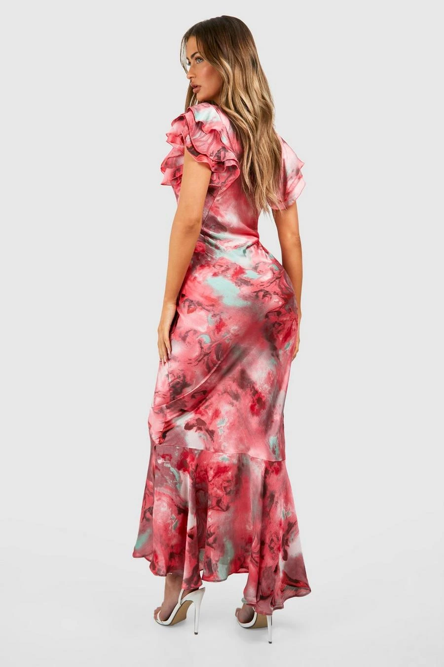 BOOHOO Marble Satin Ruffle Sleeve Maxi Dress 2 BOOHOO Marble Satin Ruffle Sleeve Maxi Dress - Image 2