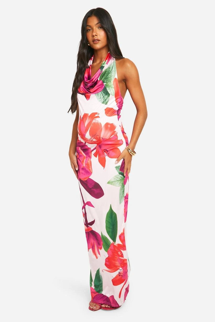BOOHOO Maternity Floral Print Slinky Halterneck Cowl Maxi Dress 1 BOOHOO Maternity Floral Print Slinky Halterneck Cowl Maxi Dress