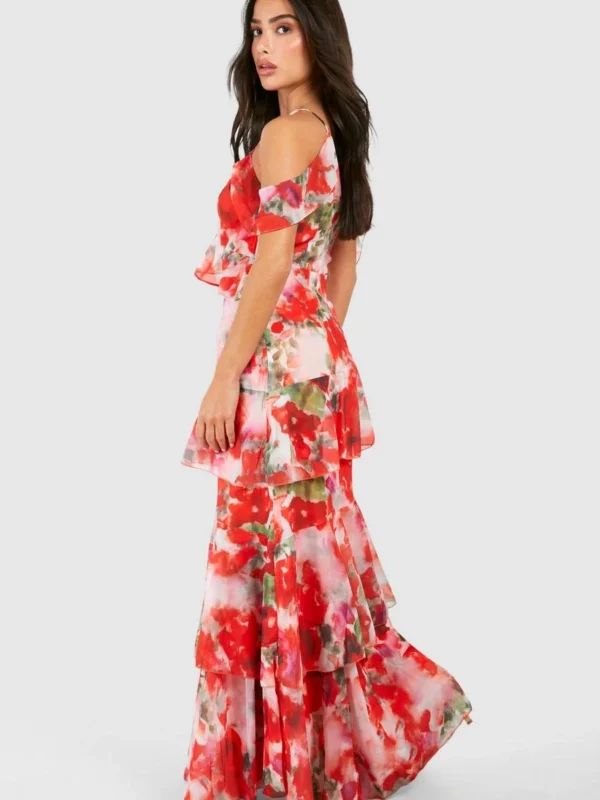 Outlet -BamBam Fashion Shop female pink petite chiffon tiered ruffle floral maxi dress 1