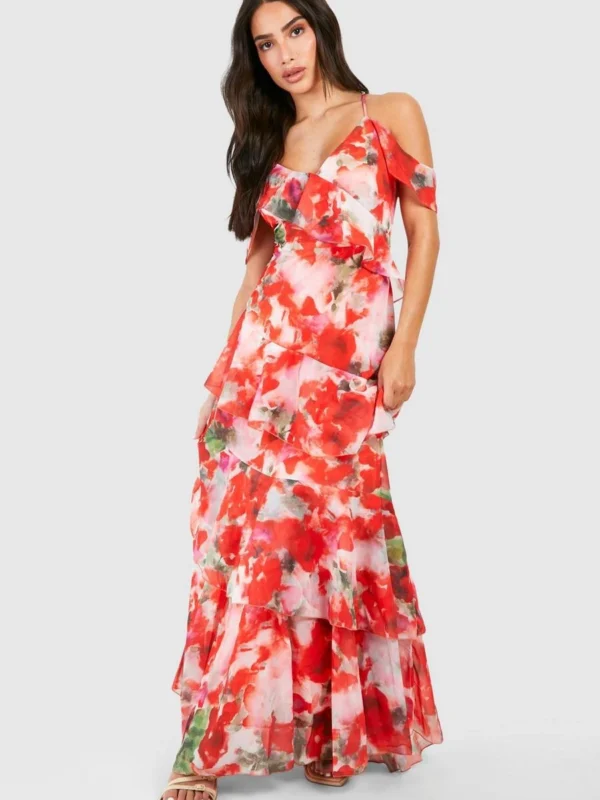 Outlet -BamBam Fashion Shop female pink petite chiffon tiered ruffle floral maxi dress 2