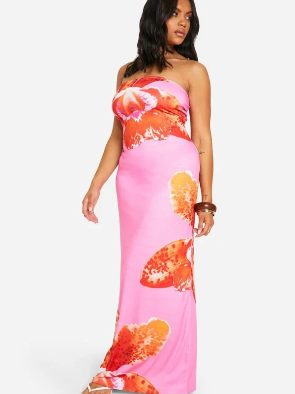 Outlet -BamBam Fashion Shop female pink plus floral printed bandeau maxi dress 2