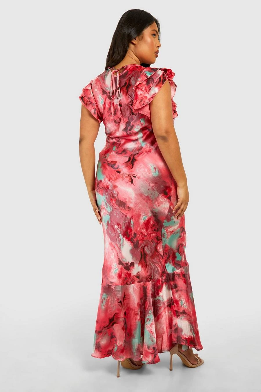 BOOHOO Plus Marble Satin Ruffle Sleeve Maxi Dress 2 BOOHOO Plus Marble Satin Ruffle Sleeve Maxi Dress - Image 2