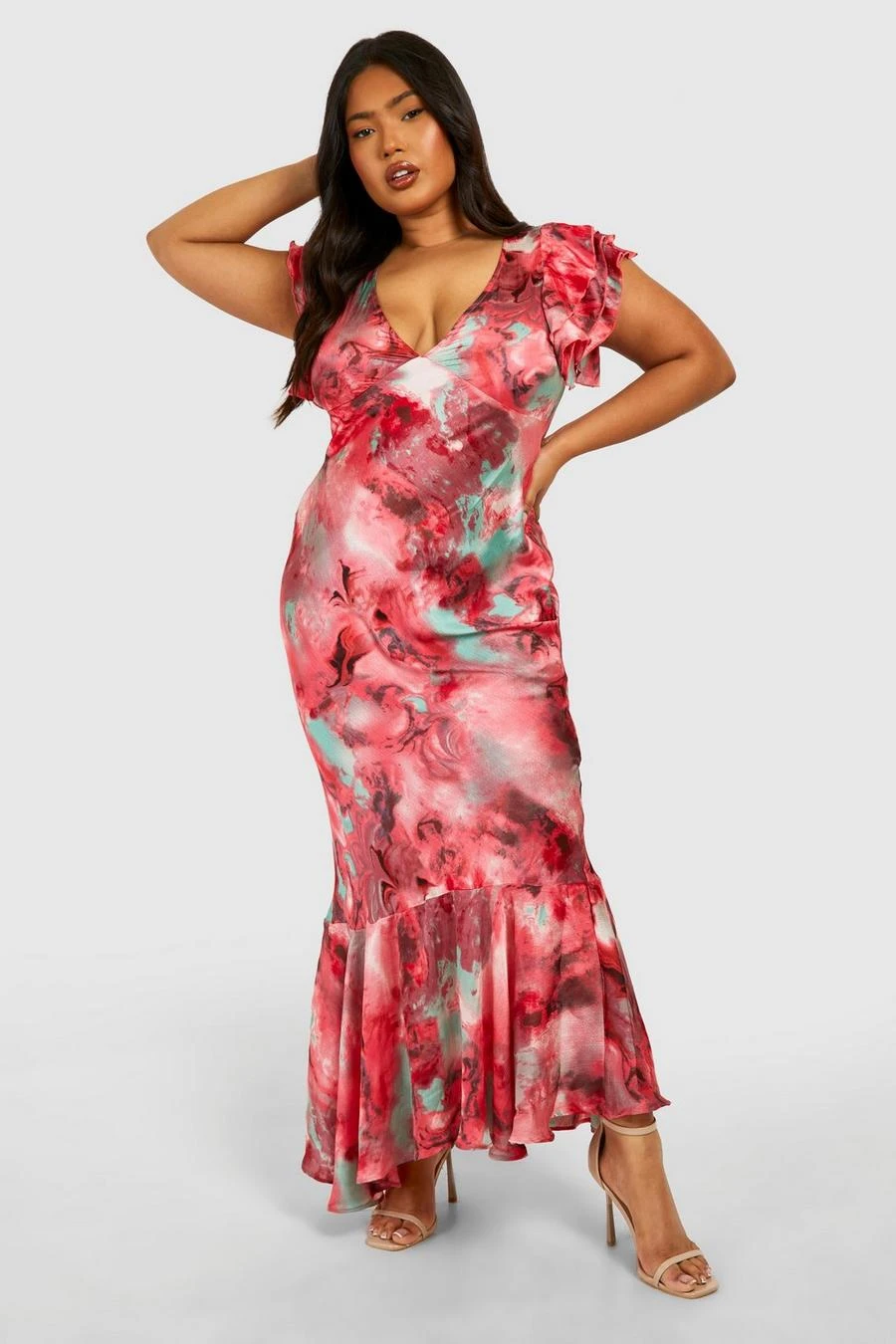 BOOHOO Plus Marble Satin Ruffle Sleeve Maxi Dress 3 BOOHOO Plus Marble Satin Ruffle Sleeve Maxi Dress - Image 3