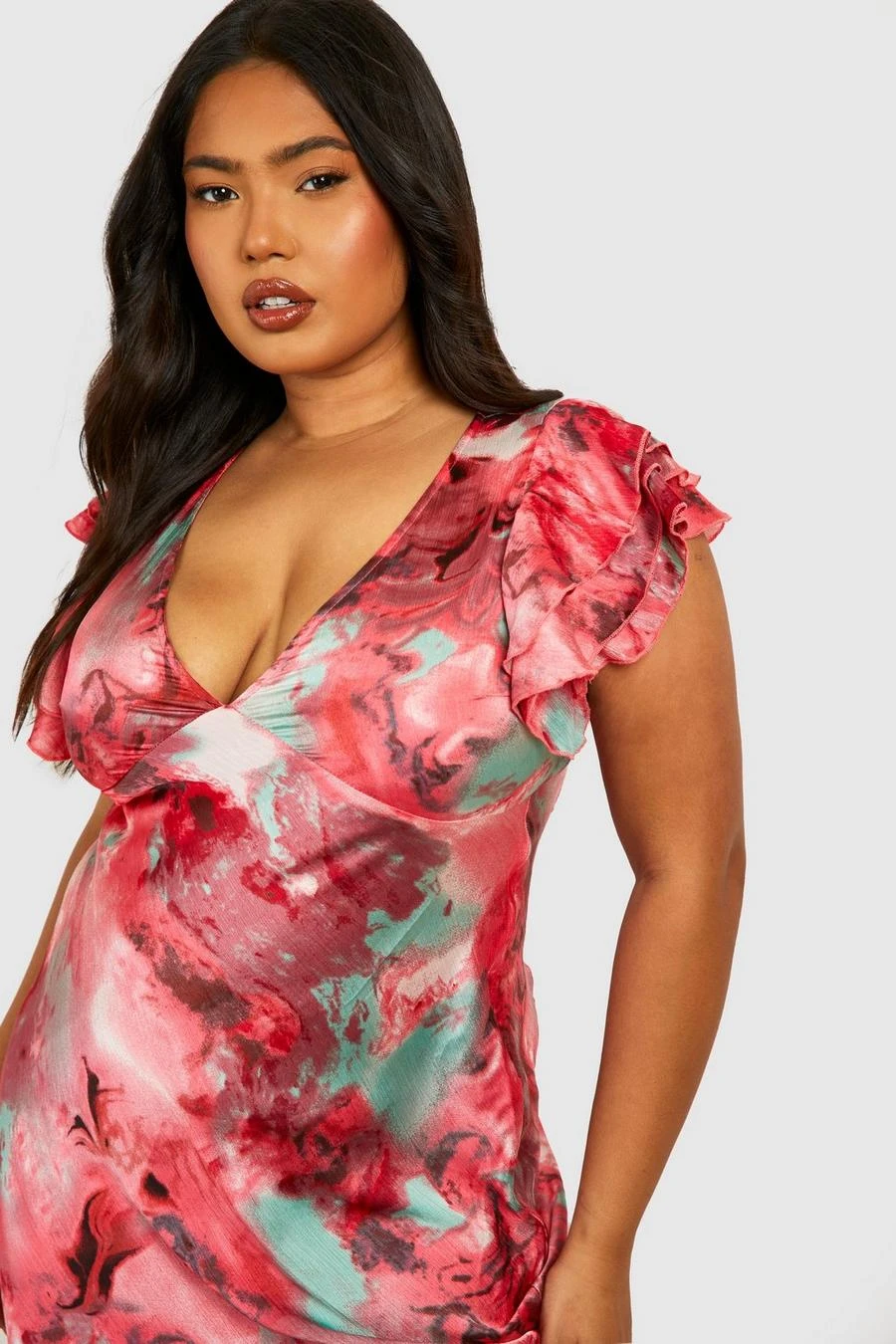 BOOHOO Plus Marble Satin Ruffle Sleeve Maxi Dress 4 BOOHOO Plus Marble Satin Ruffle Sleeve Maxi Dress - Image 4