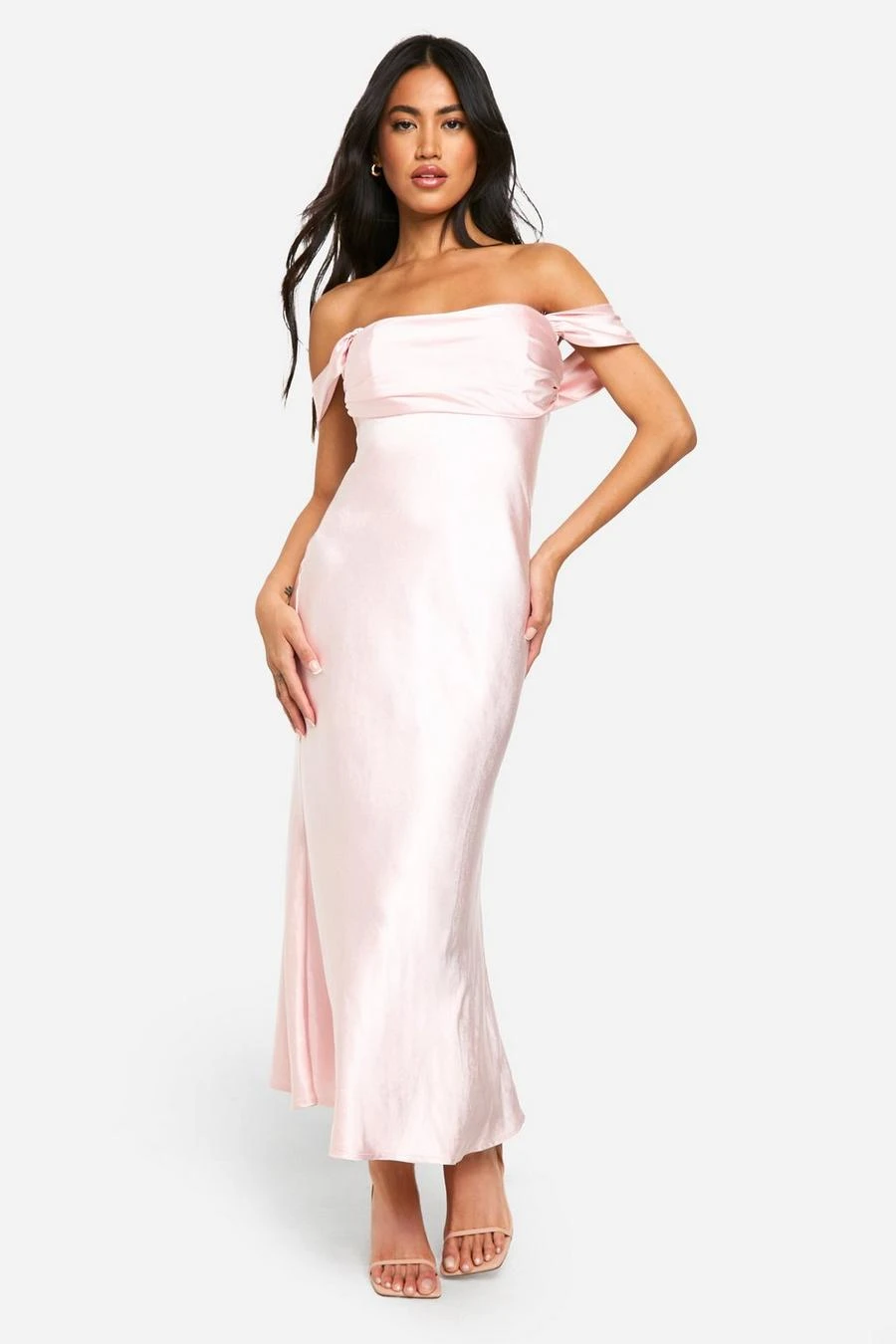 BOOHOO Satin Bardot Midaxi Dress 1 BOOHOO Satin Bardot Midaxi Dress