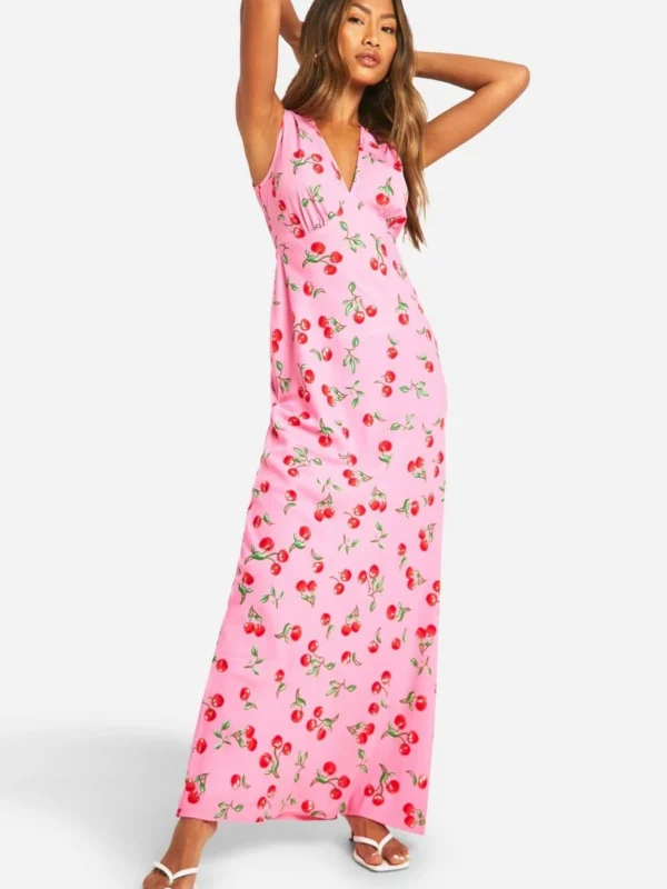 Outlet 12 Outlet -BamBam Fashion Shop female pink v neck cherry print maxi slip dress 2