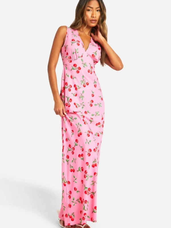 Outlet 10 Outlet -BamBam Fashion Shop female pink v neck cherry print maxi slip dress