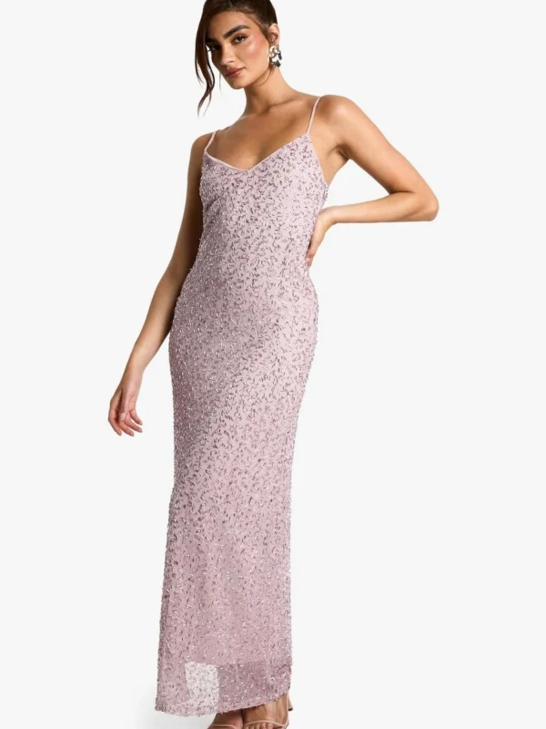 Outlet -BamBam Fashion Shop female pink v neck hand embellished maxi dress